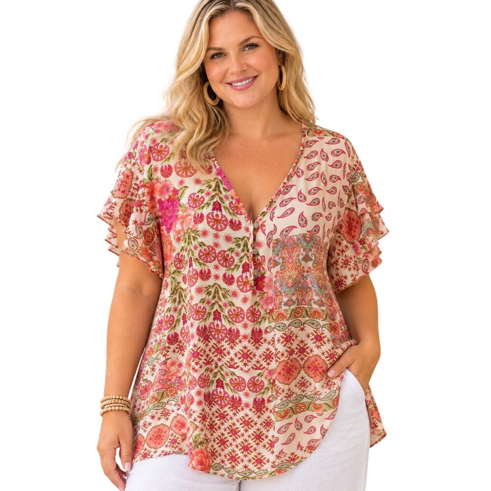 Cynthia Rowley Flutter Sleeve Top Womens Size 1X Pink Floral Paisley Tiered